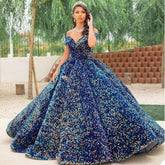 Sparkly Sequin Prom Dresses Long Ball Gown Off Shoulder Quinceanera Dresses Puffy Glitter Evening Party Dresses - Bmbride